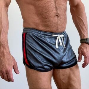 Men's Athletic Mesh Running Shorts in Gray with Red Stripe